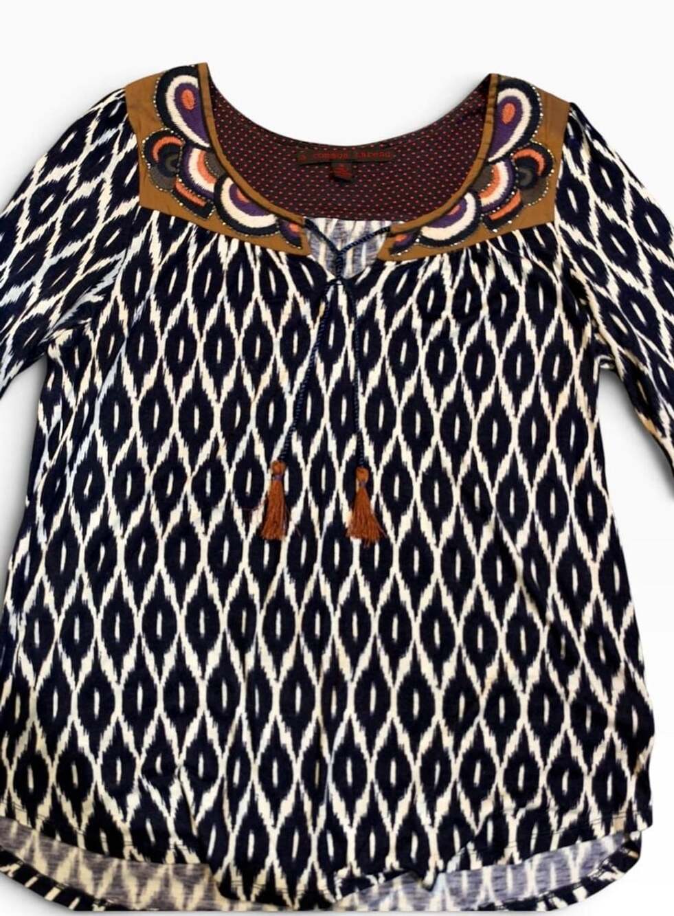 A Common Thread Ikat Peasant Top Size M Embroidered Boho Tassel